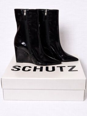 SCHUTZ Black Patent Pointed Wedge Ankle Boots